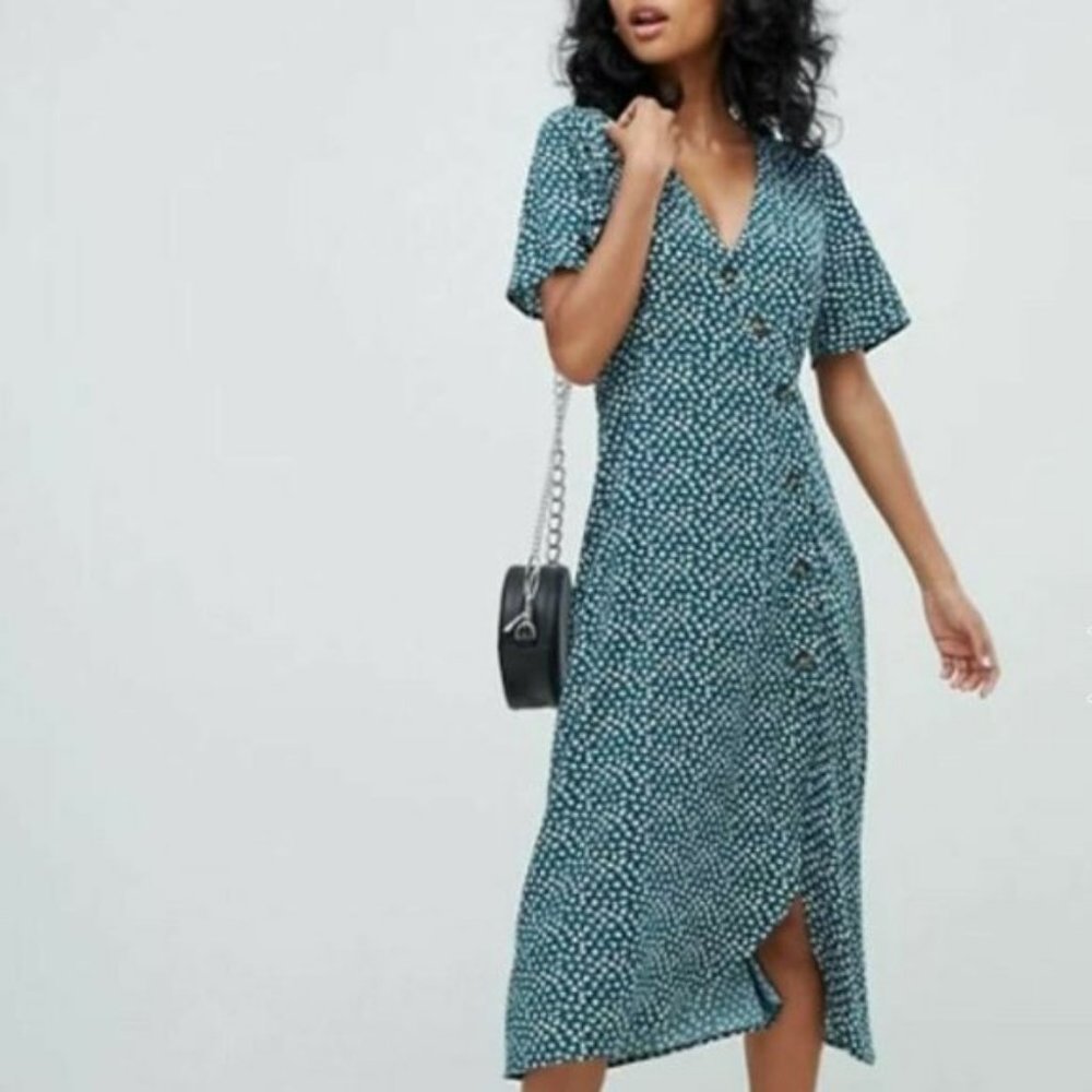 PULL  &  BEAR Teal Floral Wrap Midi Dress